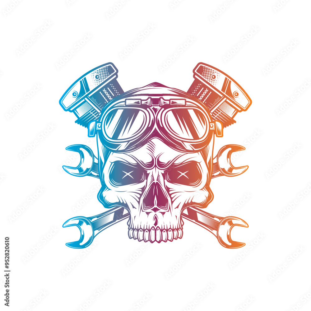 Skull wearing motorcycle goggles against a background of wrenches and an engine. Original vector illustration in vintage style isolated on white background. T-shirt design. Skull wearing motorcycle goggles against a background of wrenches and an engine. Original vector illustration in vintage style isolated on white background. T-shirt design.