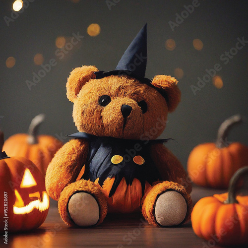 There is a teddy bear dressed up as a witch with pumpkins generative ai