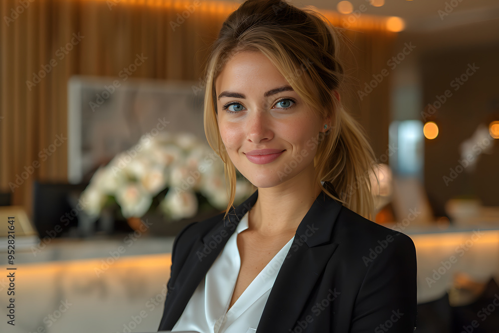 Fototapeta premium Professional Woman Standing Behind a Sleek Modern Hotel Reception – Welcoming Guests with Style