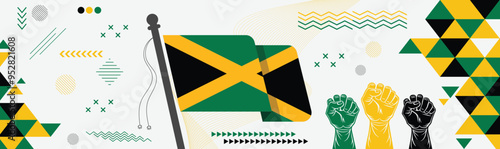 Energetic Jamaica national day banner featuring the Jamaica flag with raised fists and a geometric abstract background, symbolizing the country's strength, unity, and pride in its independence 