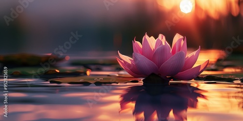 A peaceful pink lotus flower on a still pond, surrounded by its reflection, the sunset in the background adding an exotic and tranquil atmosphere.