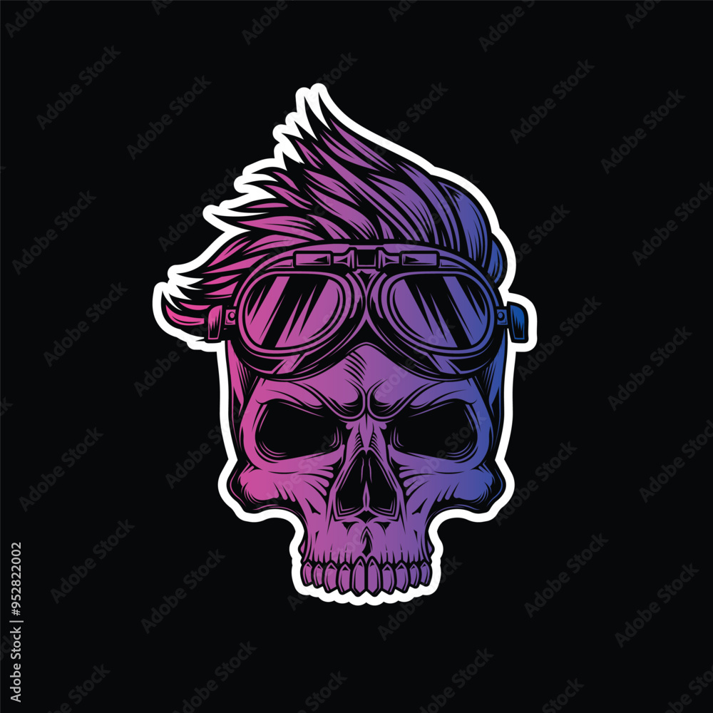 Fototapeta premium Hipster skull with motorcycle glasses and trendy hairstyle. Original vector illustration in vintage style isolated on black background. T-shirt design.
