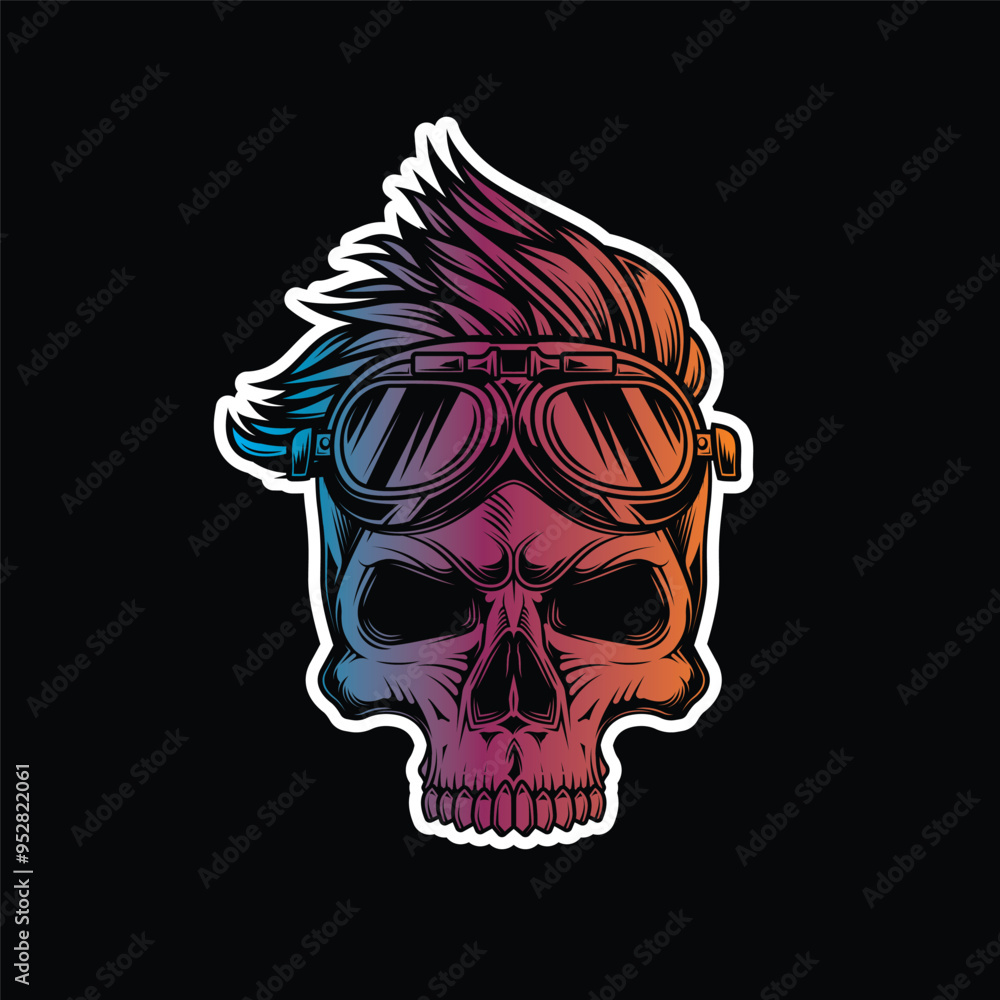 Hipster skull with motorcycle glasses and trendy hairstyle. Original vector illustration in vintage style isolated on black background. T-shirt design. Hipster skull with motorcycle glasses and trendy hairstyle. Original vector illustration in vintage style isolated on black background. T-shirt design.