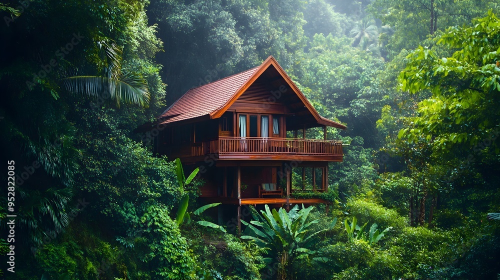 Cozy Wooden Cabin Nestled in Lush Tropical Forest Landscape Cozy Wooden Cabin Nestled in Lush Tropical Forest Landscape