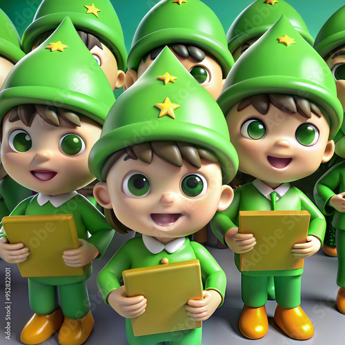 Smiling 3D cartoon children with green star-decorated hats holding yellow books against grey background photo