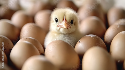 Cute little chicken and eggs, close-up, selective focus