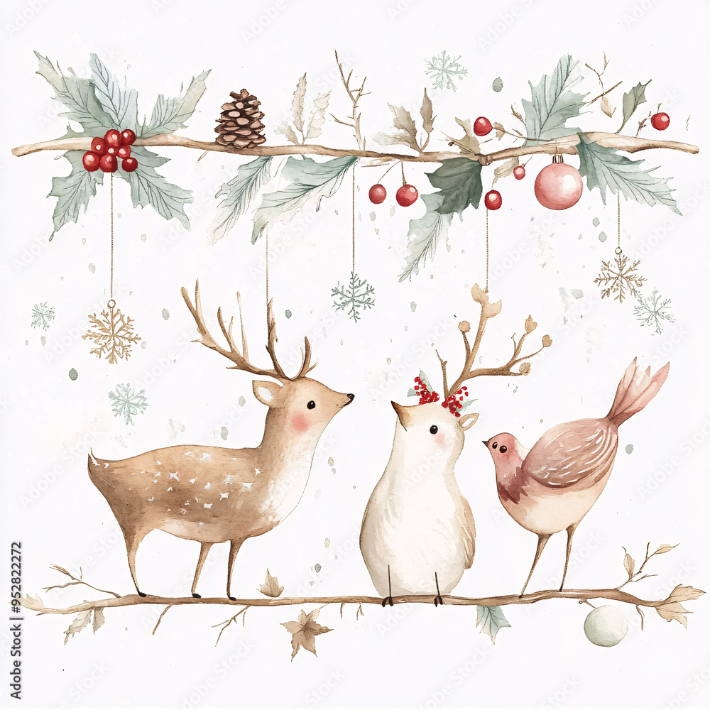 Fototapeta premium Christmas greeting card with cute reindeer and bird, watercolor illustration