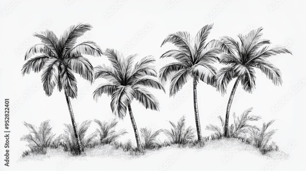 Obraz premium illustration concept of tropical palm trees swaying in the breeze, hand-drawn in black on white background, capturing essence of nature