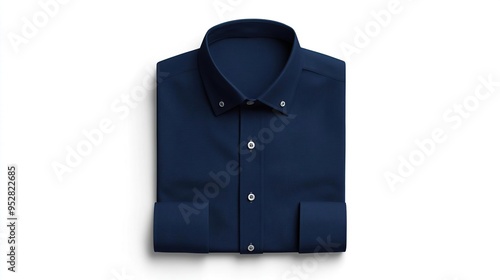 A neatly folded navy blue dress shirt with button details, suitable for formal occasions.