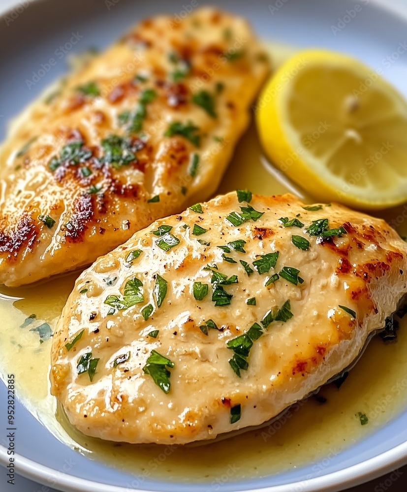 Delicious Lemon Chicken Breast Garnished with Fresh Parsley, Served on a White Plate, Perfect for Food Photography, Culinary Concepts, and Recipe Sharing Delicious Lemon Chicken Breast Garnished with Fresh Parsley, Served on a White Plate, Perfect for Food Photography, Culinary Concepts, and Recipe Sharing