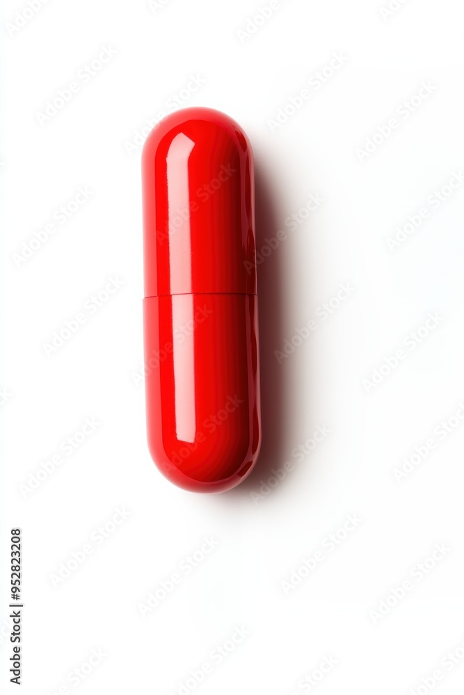 Bright red capsule pill isolated on a white background, representing medicine and healthcare. Perfect for pharmaceutical imagery. Bright red capsule pill isolated on a white background, representing medicine and healthcare. Perfect for pharmaceutical imagery.