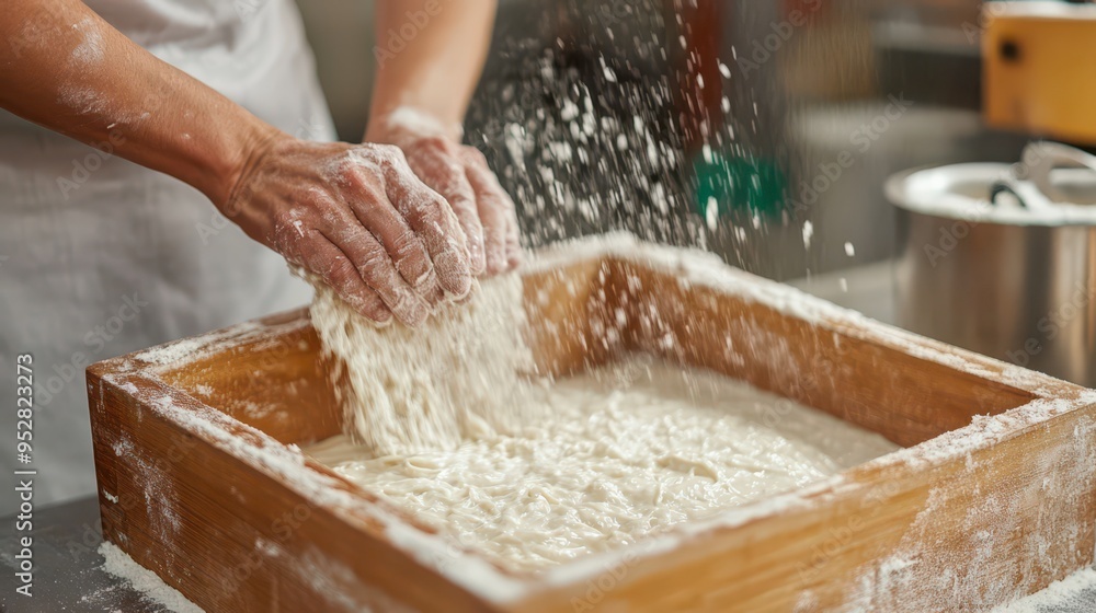 Fototapeta premium Making traditional noodles in a rustic kitchen during the afternoon