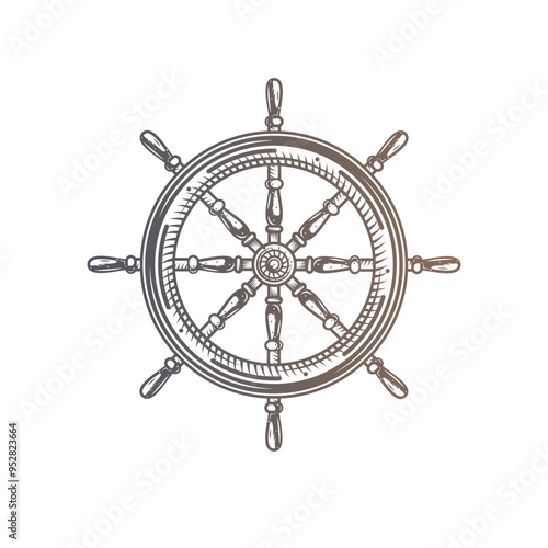Wooden steering wheel. Old steering wheel with handles for steering a pirate boat and a cruise yacht. Original vector illustration in vintage style isolated on white background. T-shirt design.