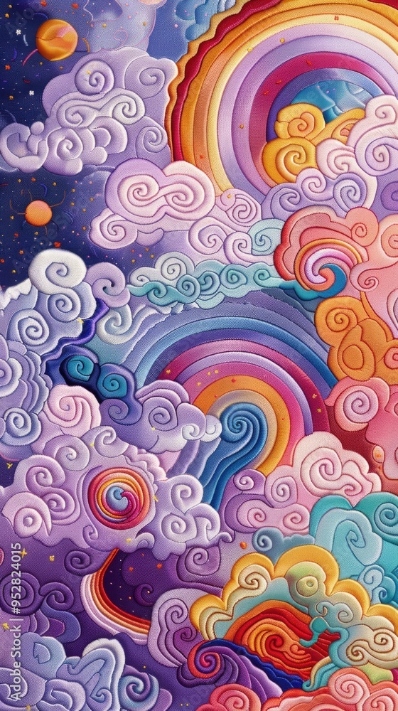Detailed needlework on a soft pastel lavender background, featuring swirling clouds and rainbows in an elaborate and whimsical pattern, creating a fresh and dreamy art scene. Detailed needlework on a soft pastel lavender background, featuring swirling clouds and rainbows in an elaborate and whimsical pattern, creating a fresh and dreamy art scene.