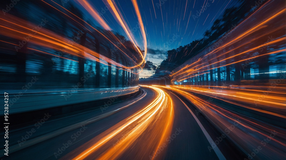 a dynamic, high-speed scene, likely captured from a moving vehicle, such as a train or car. The image is full of vibrant streaks of light, suggesting rapid motion, with a curving path that creates a s a dynamic, high-speed scene, likely captured from a moving vehicle, such as a train or car. The image is full of vibrant streaks of light, suggesting rapid motion, with a curving path that creates a s