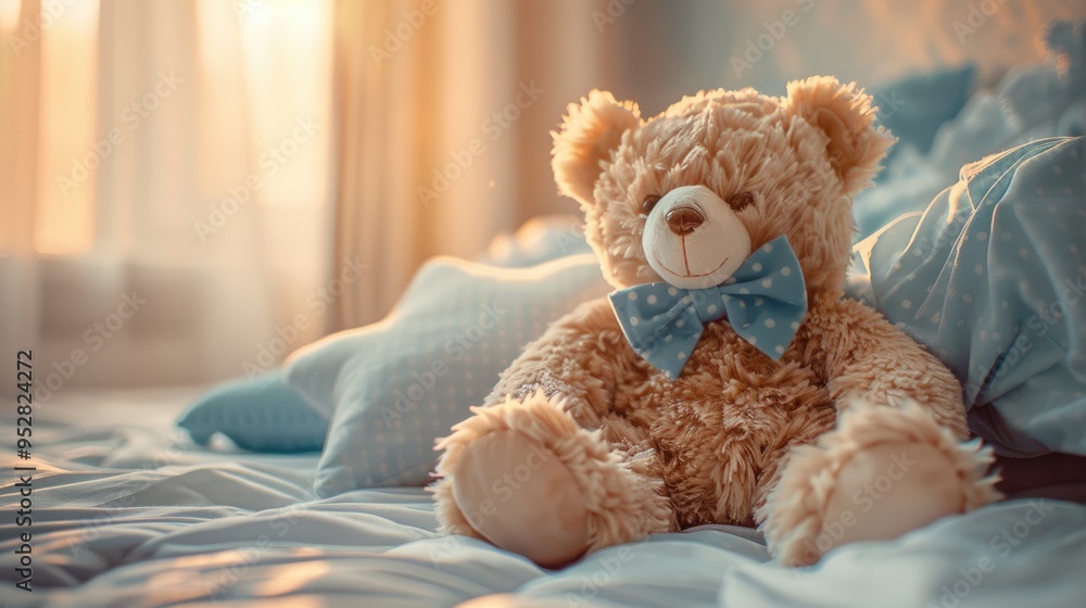 A bear with a ribbon bow tie, positioned on a child's bed, highlighting its fluffy fur and the nostalgic charm of a cozy, colorful bedroom. A bear with a ribbon bow tie, positioned on a child's bed, highlighting its fluffy fur and the nostalgic charm of a cozy, colorful bedroom.