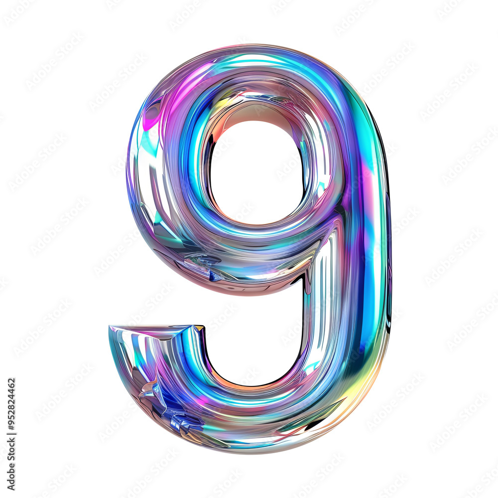 hologram glass glossy 9 number alphabet Realistic 3D on white background. Generative AI hologram glass glossy 9 number alphabet Realistic 3D on white background. Generative AI