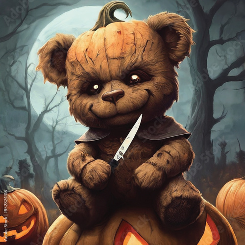 There is a teddy bear dressed up as a witch with pumpkins generative ai