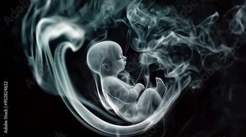 Newborn baby in the womb made of smoke on a black background