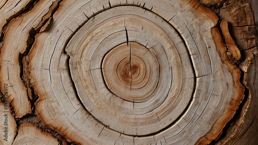 Fototapeta premium Stump of tree felled - section of the trunk with annual rings. Slice wood. Wood texture on a tree cut.