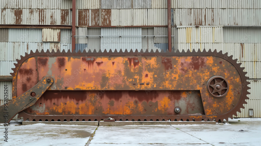 A rusty metal saw blade sitting in front of a building A rusty metal saw blade sitting in front of a building