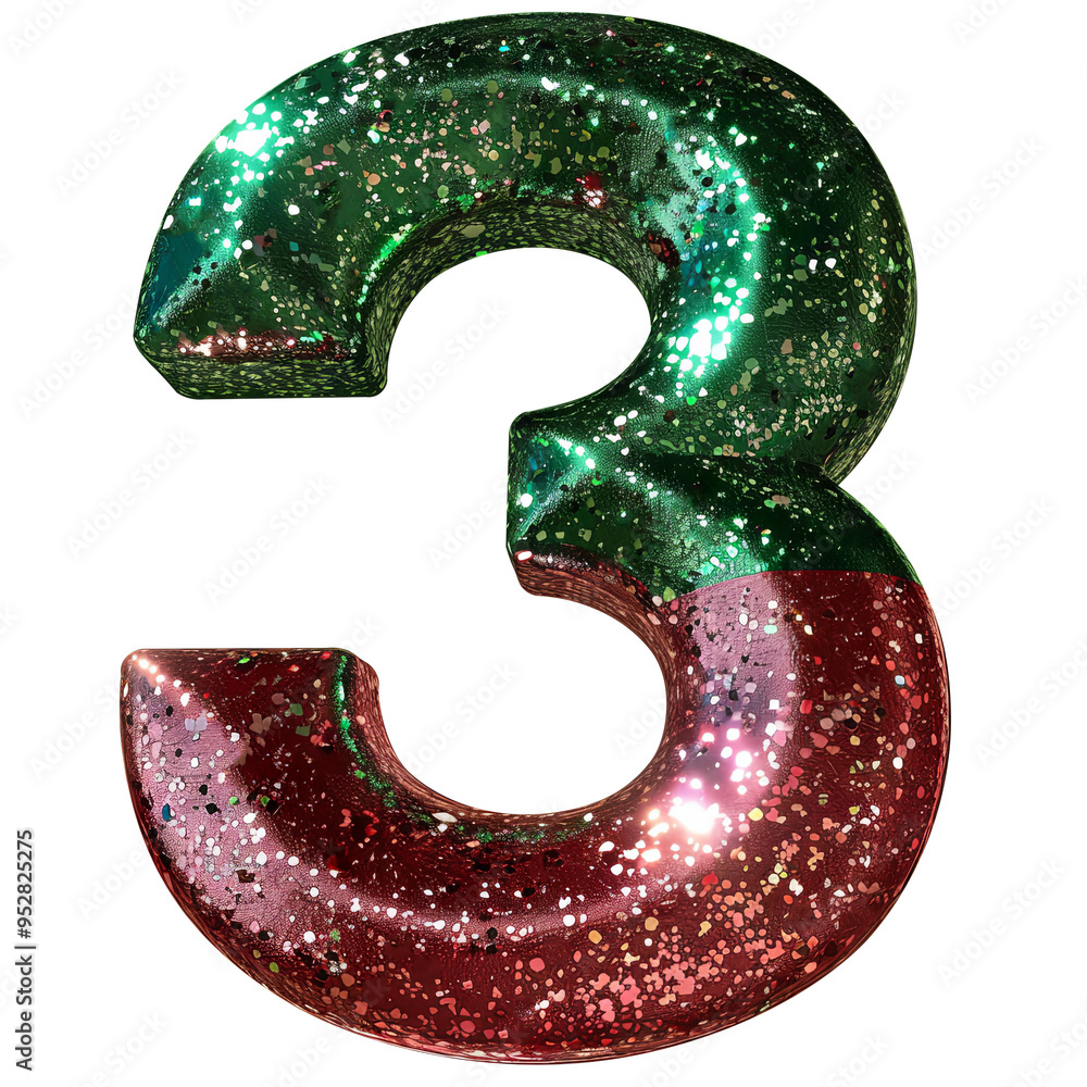 green red glitter 3 number alphabet Realistic 3D on white background. Generative AI green red glitter 3 number alphabet Realistic 3D on white background. Generative AI