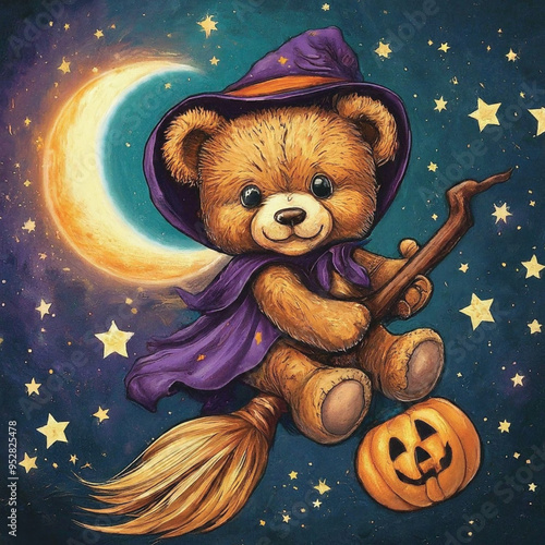 There is a teddy bear dressed up as a witch with pumpkins generative ai