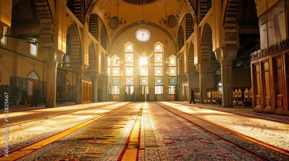 Obraz premium Spacious prayer hall in a mosque featuring rows of arches and a large ornate window casting soft light on the patterned carpet.