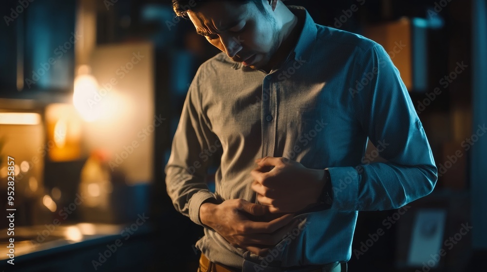 Man experiencing stomach discomfort, gripping his abdomen due to severe pain and distress Man experiencing stomach discomfort, gripping his abdomen due to severe pain and distress