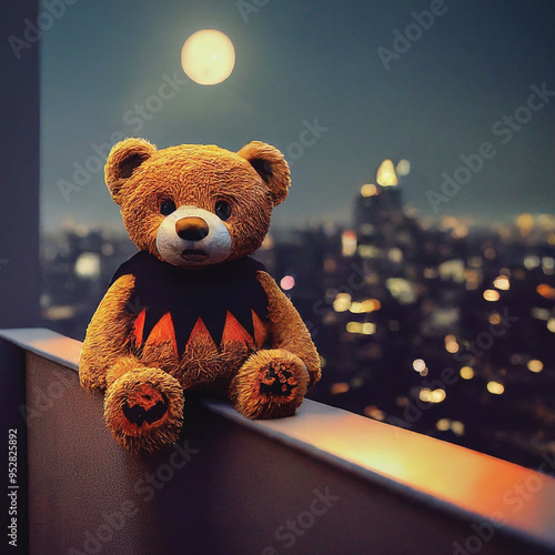 There is a teddy bear dressed up as a witch with pumpkins generative ai