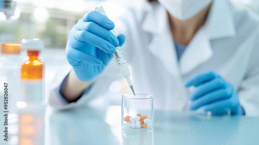 Fototapeta premium Biotechnologist testing new drug formulations in a high-tech laboratory, drug testing, pharmaceutical innovation