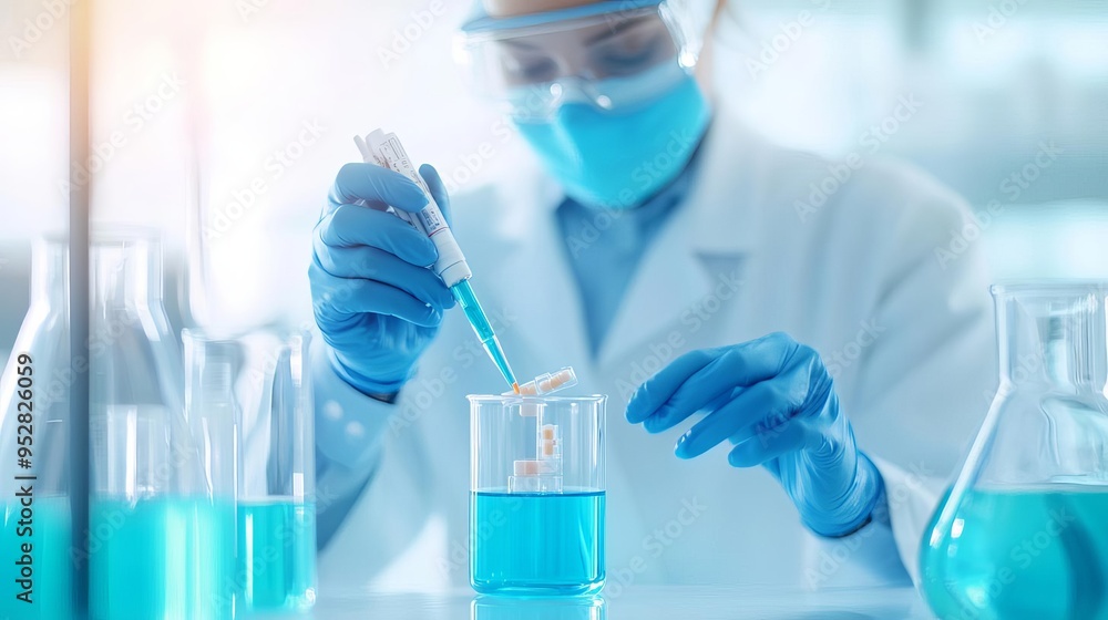 Biotechnologist testing new drug formulations in a high-tech laboratory, drug testing, pharmaceutical innovation Biotechnologist testing new drug formulations in a high-tech laboratory, drug testing, pharmaceutical innovation