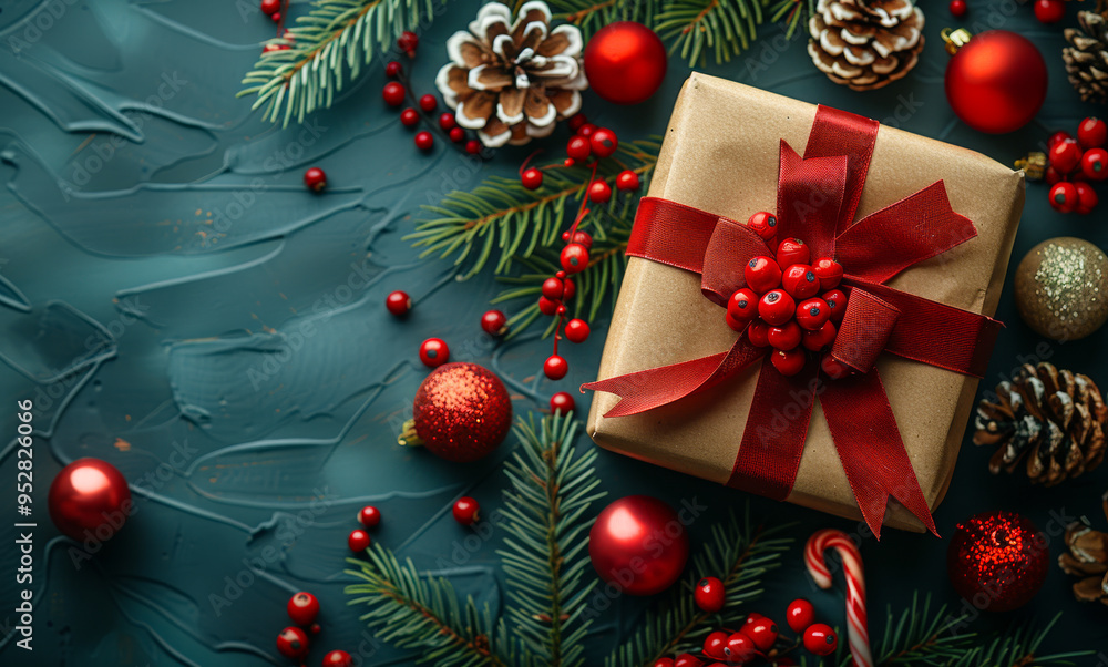 A box with a red ribbon sits on a blue background with red and green decorations. The box is surrounded by a variety of A box with a red ribbon sits on a blue background with red and green decorations. The box is surrounded by a variety of