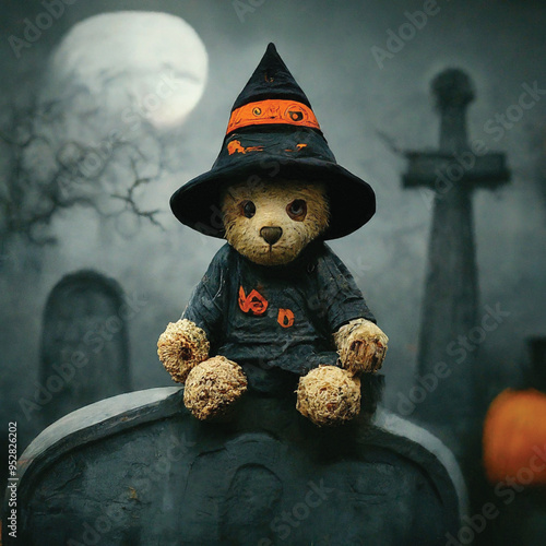 There is a teddy bear dressed up as a witch with pumpkins generative ai