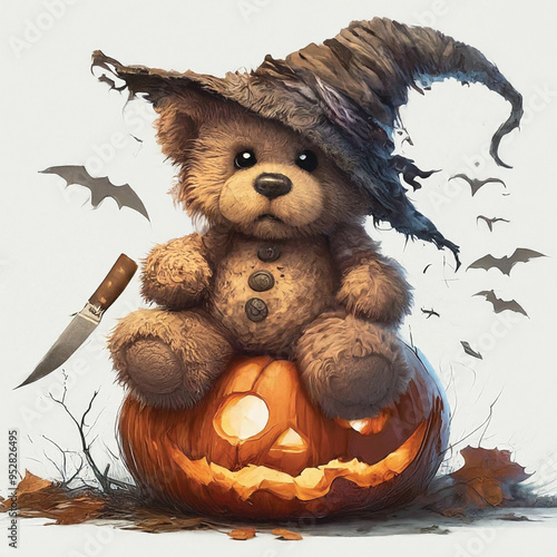 There is a teddy bear dressed up as a witch with pumpkins generative ai