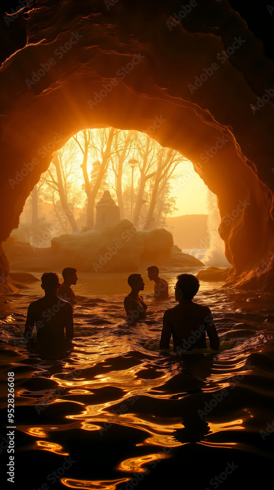 Fototapeta premium A group of people standing in the water in a cave