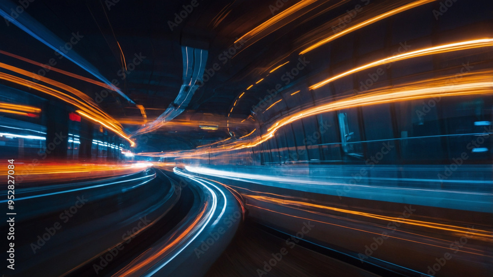 a dynamic, high-speed scene, likely captured from a moving vehicle, such as a train or car. The image is full of vibrant streaks of light, suggesting rapid motion, with a curving path that creates a s a dynamic, high-speed scene, likely captured from a moving vehicle, such as a train or car. The image is full of vibrant streaks of light, suggesting rapid motion, with a curving path that creates a s