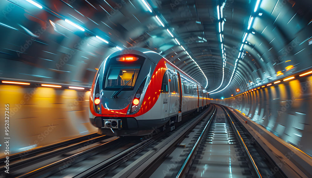 Fototapeta premium Subway Train Advancing Through a Tunnel – Urban Transit System in Action