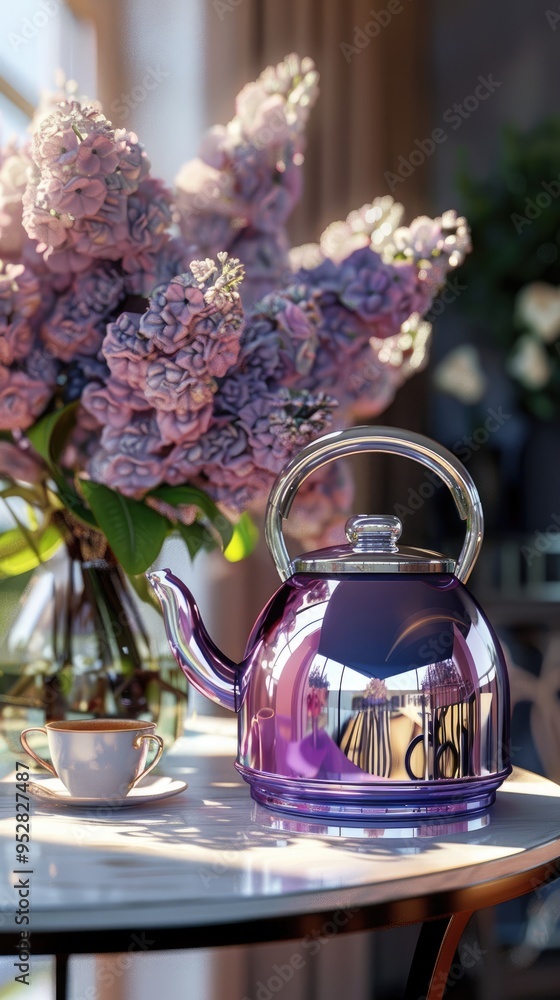 Fototapeta premium A purple tea kettle on a table, complemented by a vase of pink and lilac flowers in the background, adding a touch of elegant decoration to the setting.