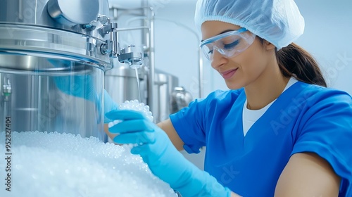 Lab technician using lyophilization for biopharmaceutical stabilization, freeze-drying, drug preservation photo