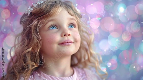 A young girl in a pink dress, with curly hair, looking up and to the left, framed by a soft-focus background, showcasing a pretty and cheerful childhood scene.