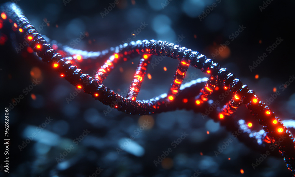 A glowing DNA strand with red and black beads. Concept of mystery and wonder, as the glowing DNA strand appears to be a symbol of life and the building blocks of existence A glowing DNA strand with red and black beads. Concept of mystery and wonder, as the glowing DNA strand appears to be a symbol of life and the building blocks of existence
