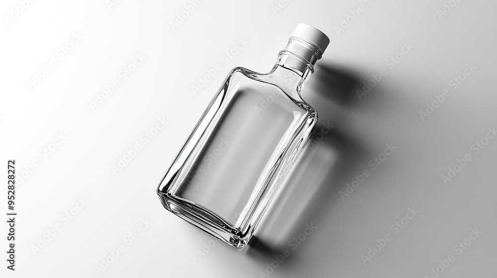 A clear glass bottle with a white cap, designed for liquid storage or dispensing. A clear glass bottle with a white cap, designed for liquid storage or dispensing.