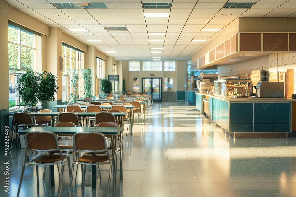 A Sunlit Hospital Cafeteria: Empty Tables and Chairs Await Visitors A Sunlit Hospital Cafeteria: Empty Tables and Chairs Await Visitors