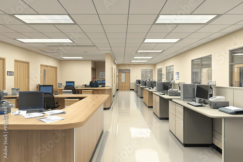 A sterile, well-lit hospital reception area, featuring a long desk with computers and a single employee, ready to assist patients.