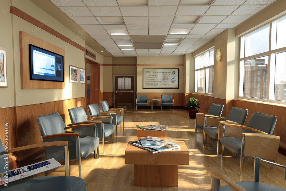 A Moment of Calm: A serene hospital waiting room bathed in sunlight, with rows of comfortable chairs and magazines, suggesting a space for quiet reflection and anticipation. A Moment of Calm: A serene hospital waiting room bathed in sunlight, with rows of comfortable chairs and magazines, suggesting a space for quiet reflection and anticipation.