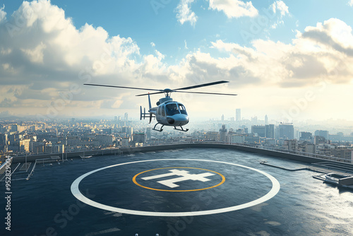 Cityscape Serenity: A helicopter descends gracefully onto a rooftop helipad, its arrival a moment of calm amidst the urban sprawl.