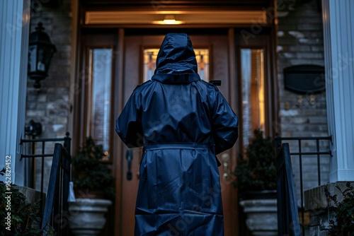 man in a raincoat standing at the entrance of a house, knocking on the door - representing a bailiff or debt collector situation.