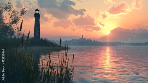 A serene coastal marsh with tidal grasses, calm waters, and a distant lighthouse silhouetted against the sunset