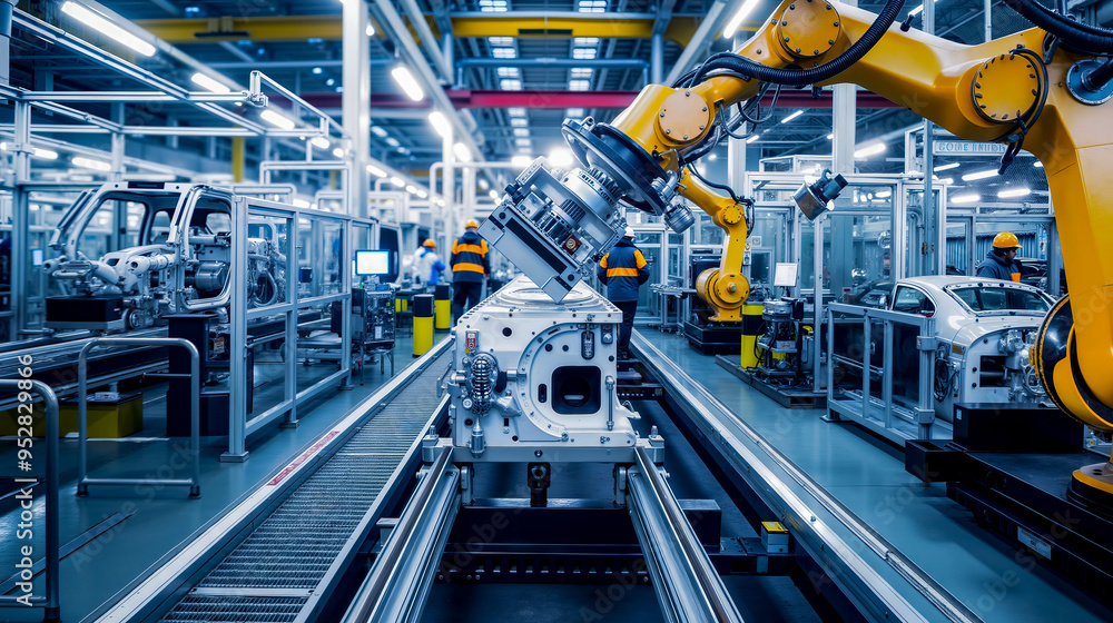 A factory with robots working on a conveyor belt A factory with robots working on a conveyor belt